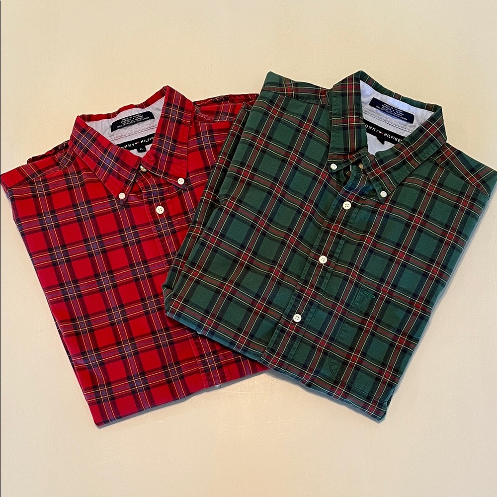Two Tommy Hilfiger Red and Green Plaid Long sleeve Dress Shirts